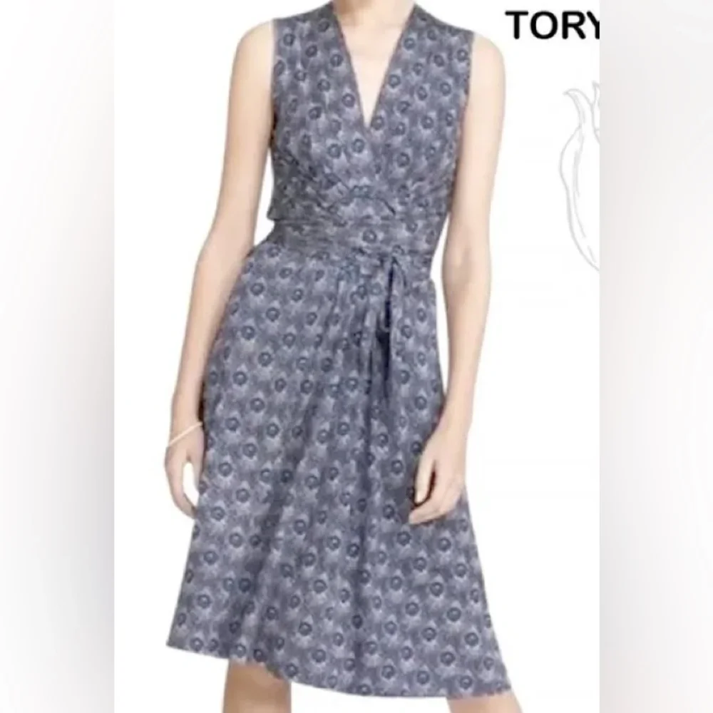 Tory Burch 100% Silk Wrap Dress Peacock Feather Print Sleeveless Purple Blue S - Picture 1 of 13
